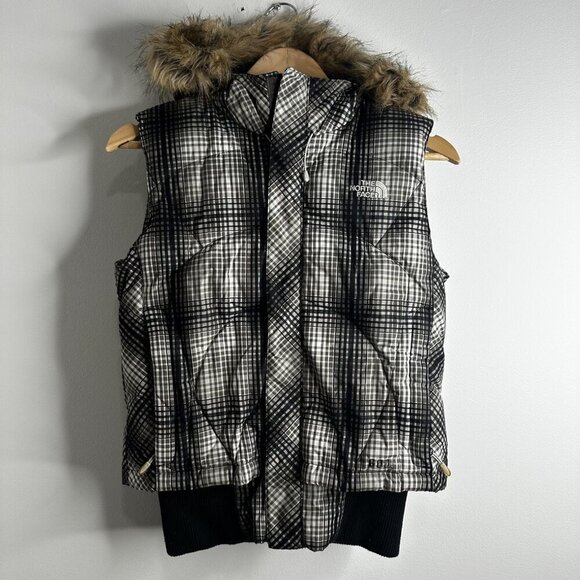 North Face Vest Womens Small P Plaid 600 Down Fill Hooded Faux Fur Puffer Jacket - Picture 1 of 16